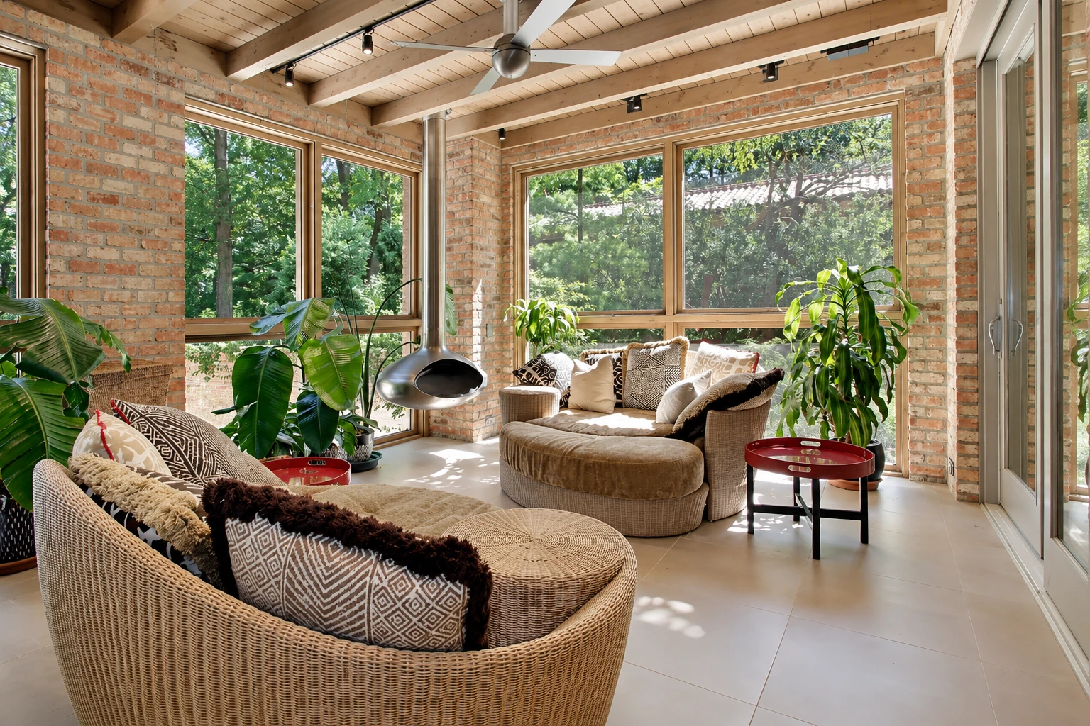 Bright all-season sunroom with exposed brick walls, timber ceiling, large windows, wicker seating and leafy plants.