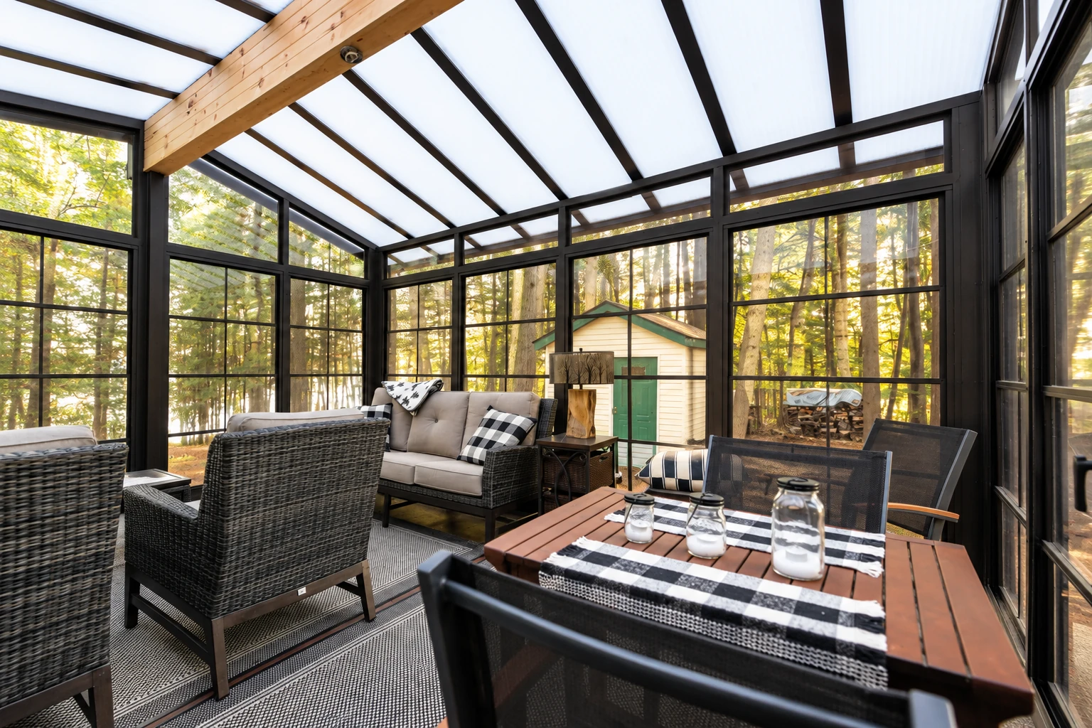 An all-season room with a translucent pitched roof, black-framed windows, wicker seating, and a dining table overlooking trees.