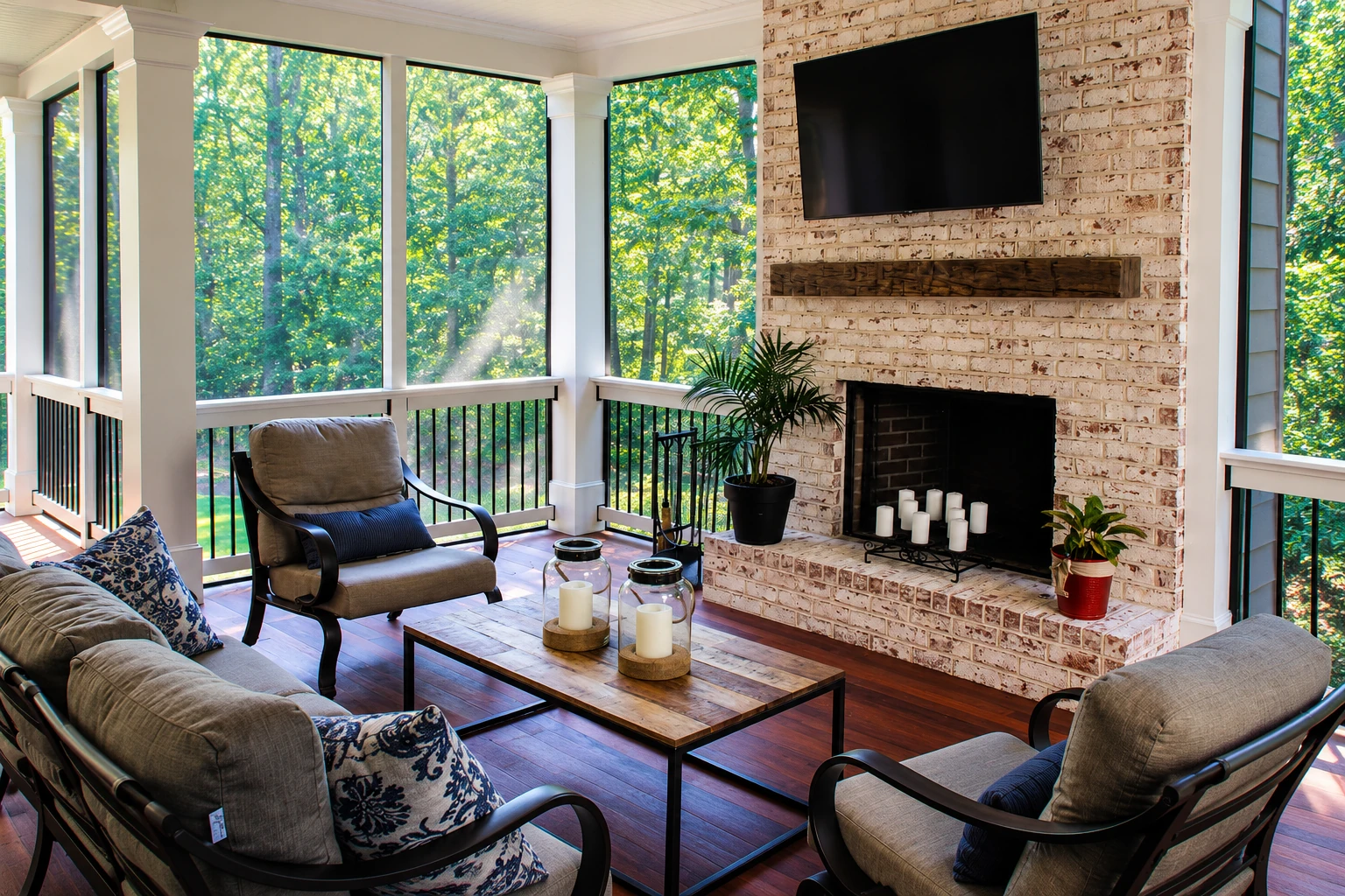 Custom sunroom with expansive windows, a brick fireplace, and cushioned chairs arranged around a wood coffee table.