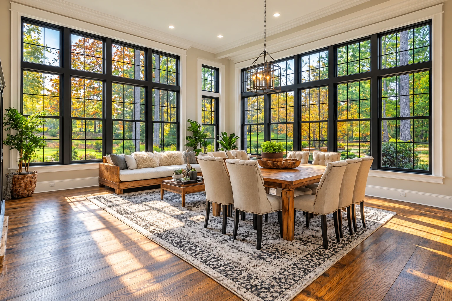 Sunroom with tall black-grid windows, a wood dining table, upholstered chairs, and a view of autumn trees.