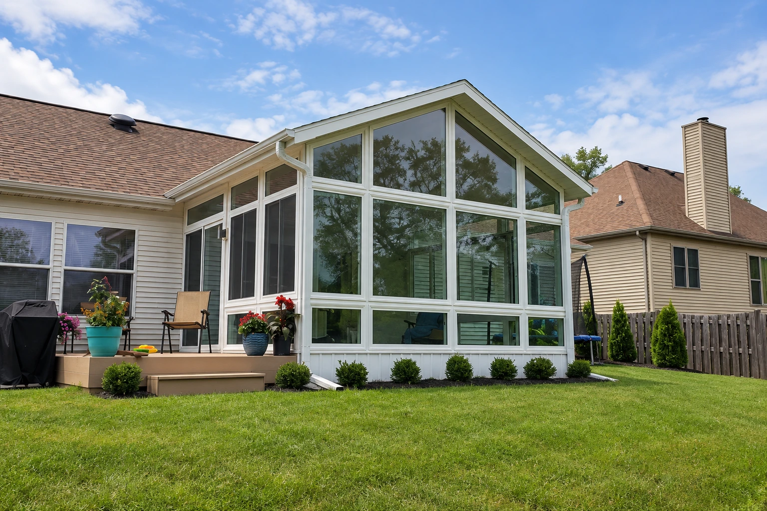 A glass sunroom with a high gabled roof adjoining a deck, with white framing, potted flowers, and a lawn in front.