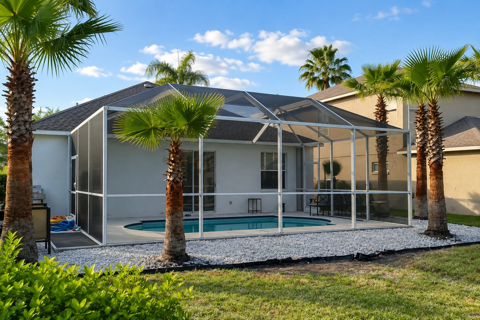 Screened patio enclosure surrounding a swimming pool, with a peaked roof and palm trees nearby.