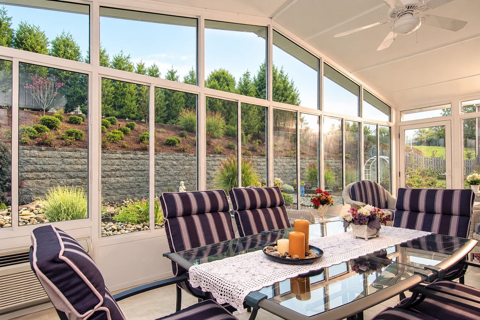 Four-season sunroom with a glass dining table, purple-striped chairs, and tall windows facing a landscaped garden.