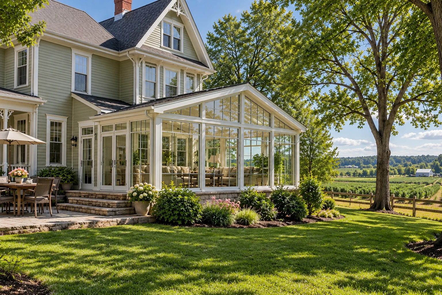 A white-framed glass sunroom addition with a gabled roof attached to a large house beside a landscaped lawn.