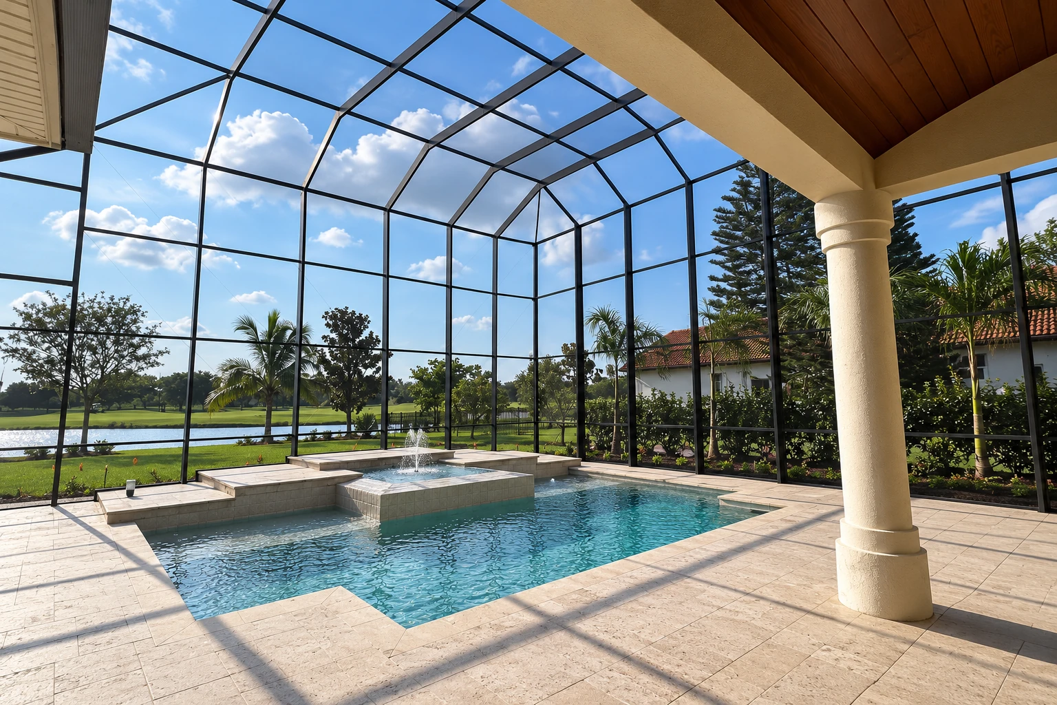 Screened patio enclosure around a backyard pool, with a dark metal frame, tiled deck, and views of the garden.