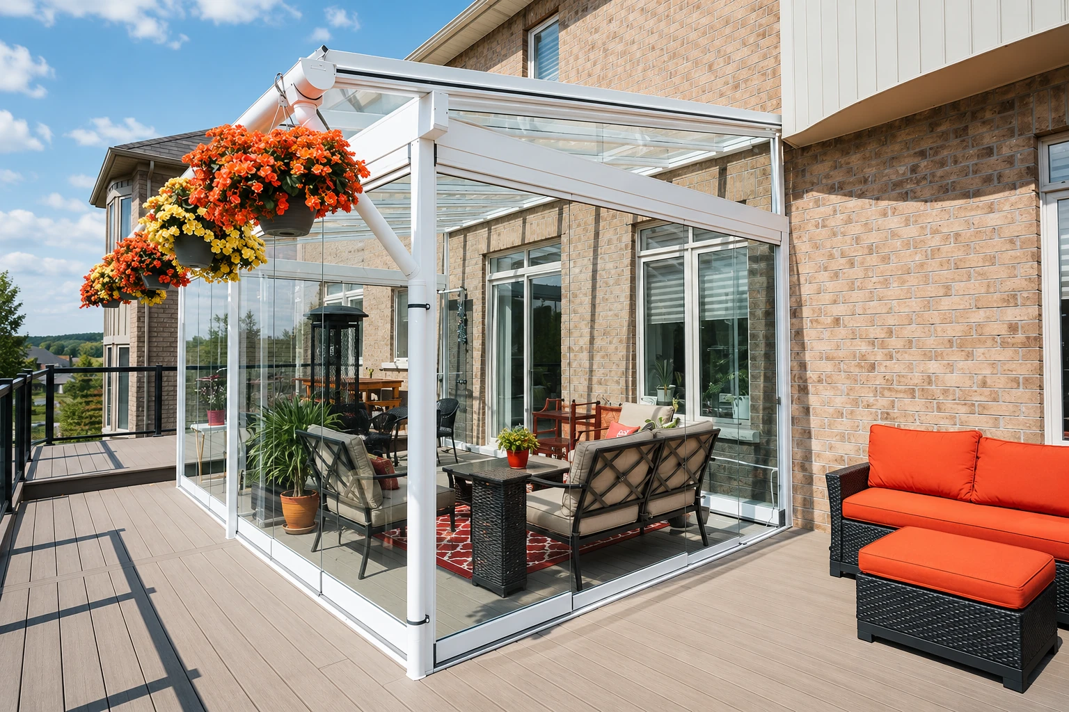 Glass patio enclosure with a white frame and clear roof, furnished with outdoor seating beside a brick house.