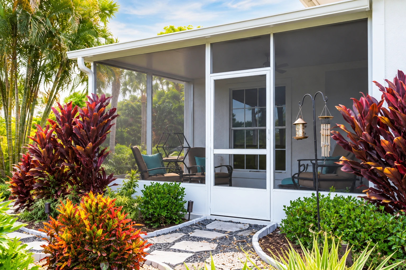 A screened patio enclosure with white framing and a central door sits amid tropical landscaping, with outdoor chairs visible inside.