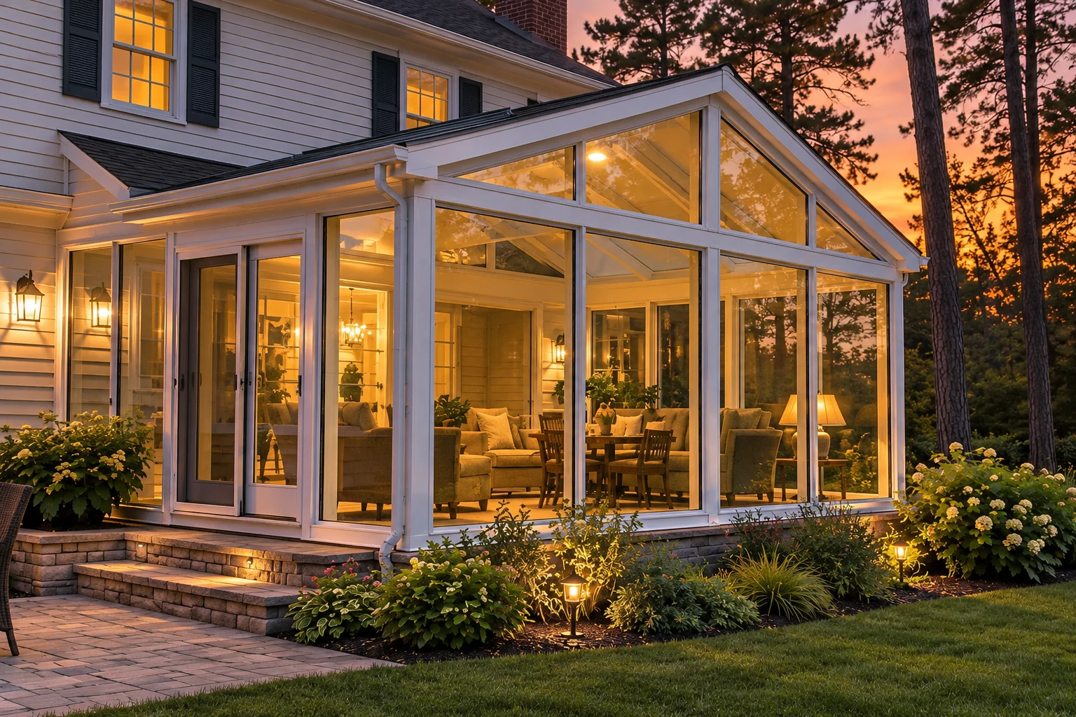 White-framed glass solarium attached to a house, glowing with warm interior lights at dusk.