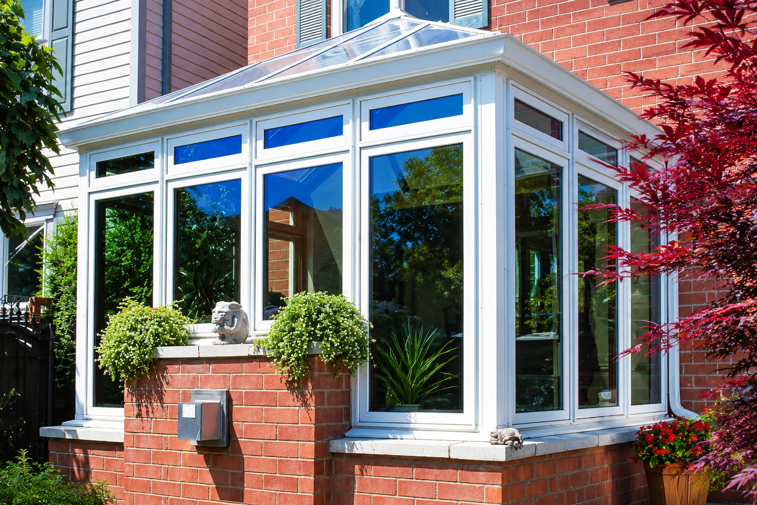 A white-framed solarium with a sloped glass roof extends from a red-brick house, surrounded by leafy plants in bright daylight.