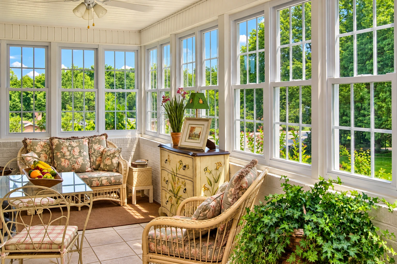 Sunroom addition with white-framed windows, wicker seating, a glass table, and leafy plants overlooking a green yard.