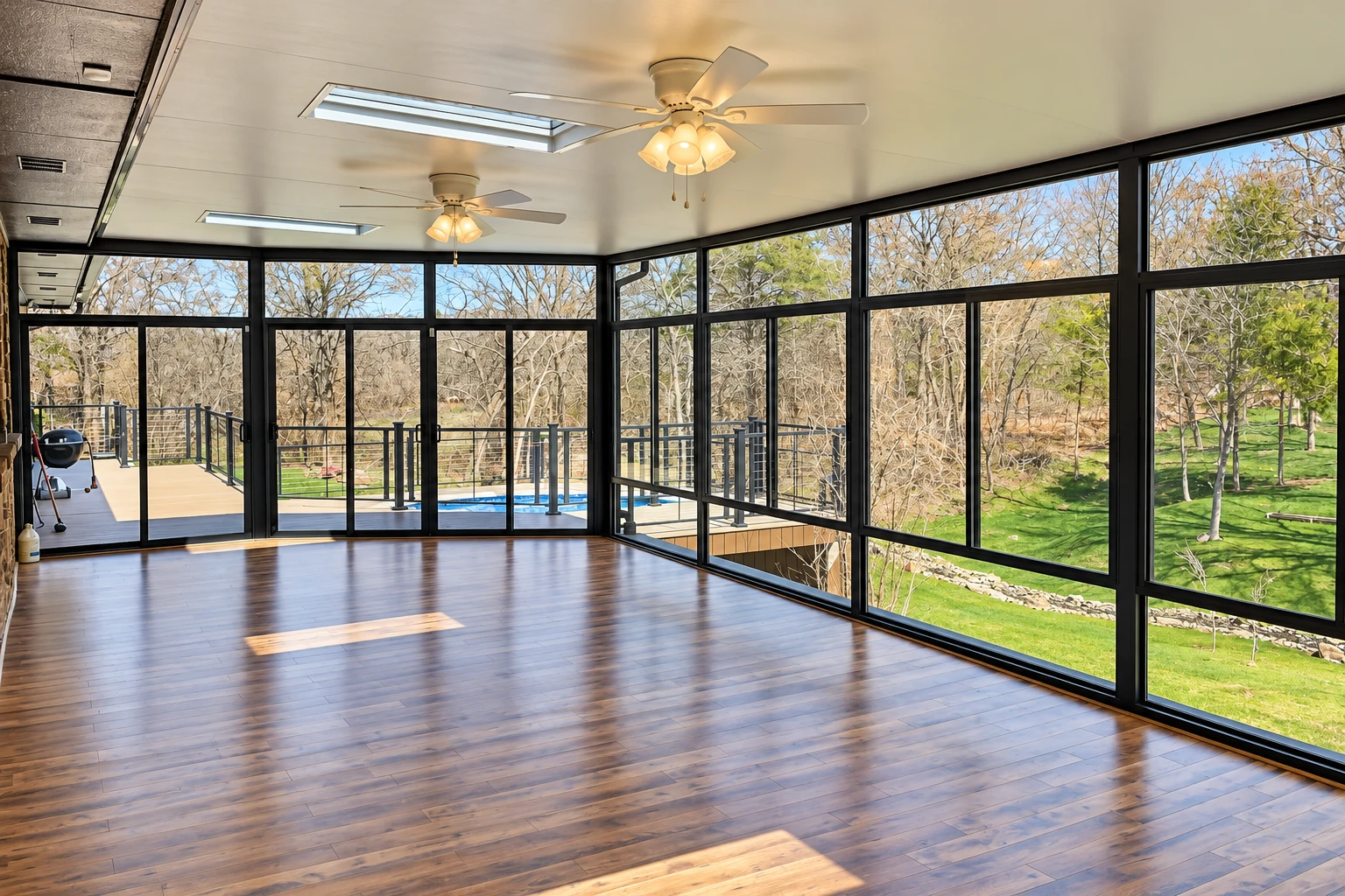 A spacious sunroom with dark-framed floor-to-ceiling windows, two ceiling fans, and a polished wood floor overlooking a garden.