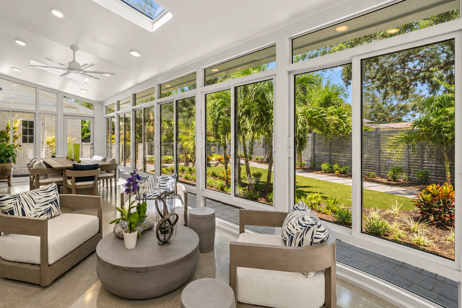 A bright sunroom with white-framed windows and skylights is furnished with pale seating and a dining table overlooking a tropical garden.