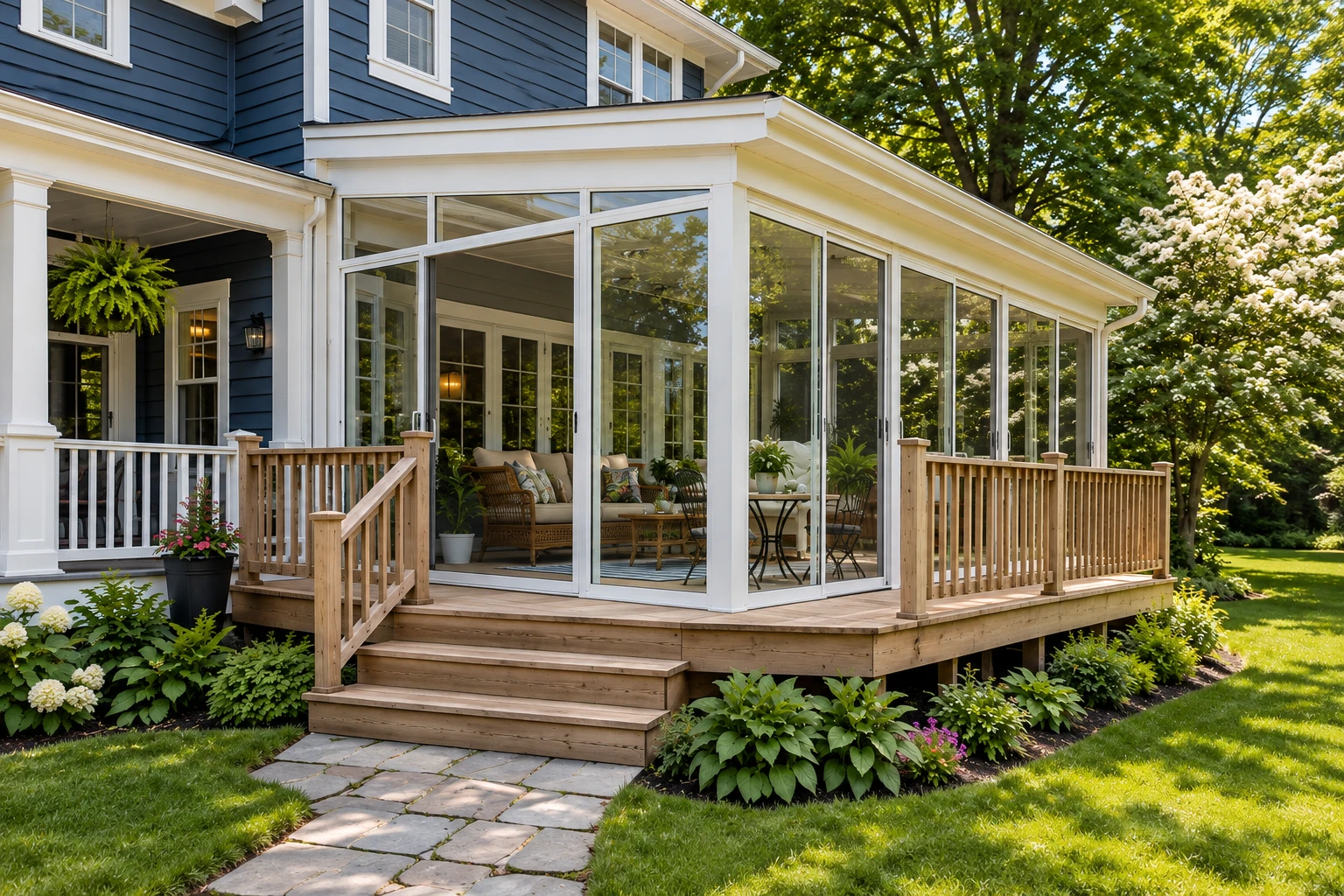 Custom sunroom with broad glass walls on a raised wooden deck, attached to a dark-sided house.