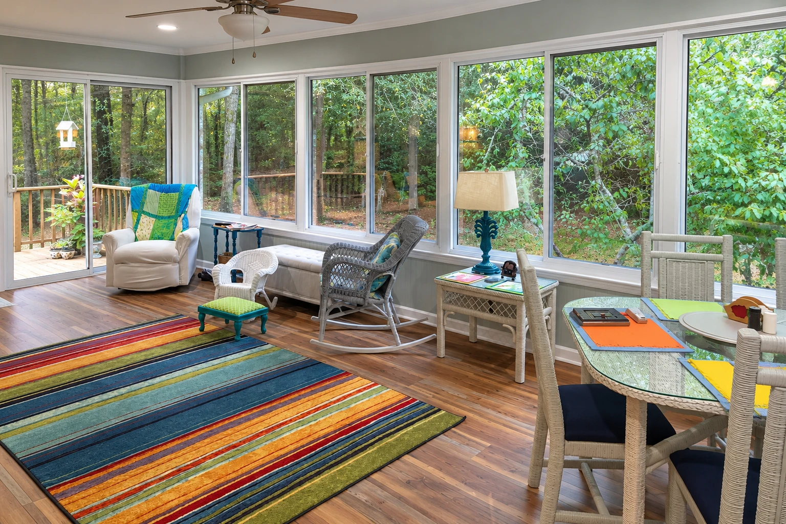 Remodeled sunroom with white-framed windows, wicker seating, a colorful striped rug, and a wooded view.