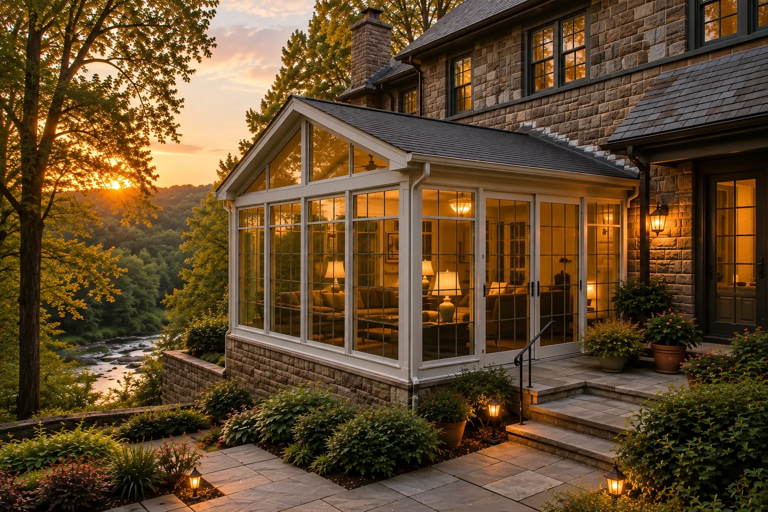 A glass-walled sunroom addition glows at sunset beside a stone house, with a peaked roof, patio steps, and wooded river views.